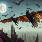 Colorful Dragons Flying Under Full Moon and Gothic Spires