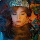 Young woman with crown in blue fabric surrounded by colorful flowers