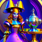 Futuristic female figure with golden-red hair in metallic outfit next to ornate robot on table in