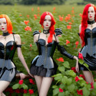 Red-haired mannequins in black corsets and skirts by a rose bush