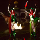 Two Matching Green and Red Pirate Costumes by Nighttime Pond