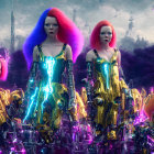 Two Women in Gothic Outfits with Vibrant Hair in Surreal Fantasy Setting