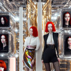 Symmetrical mannequins with red hair in fashionable attire amid ornate silver frames.