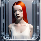 Digital Art: Woman with Red Hair in Futuristic Glass Container