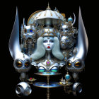 Intricate futuristic robotic figure with blue face and headdress on dark background