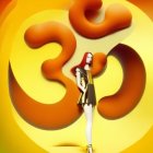 Red and white hair female model poses with orange and white numeral "3" shapes on yellow background