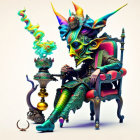 Fantastical humanoid creature in golden armor on regal chair with smoking vessel