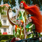 Three women with vibrant red hair in futuristic green outfits pose confidently in front of a classic car and elegant