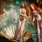 Ethereal women in gold attire standing in water among floating leaves