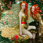 Two red-haired women in fantasy-style dresses among stylized waves and flowers.