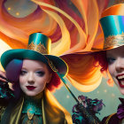 Vivid makeup and steampunk attire on three individuals with top hats and goggles