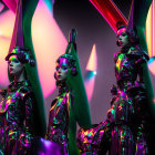 Futuristic female mannequins in metallic outfits under neon lights