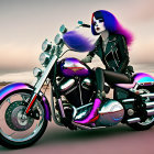 Futuristic woman with blue hair on motorcycle in desert