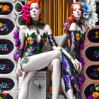 Identical models in pink hair & futuristic outfits with colorful spheres