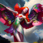 Fantasy creature with red hair and colorful wings in blue sky.