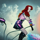 Vibrant red-haired woman in futuristic attire pulling sky plug
