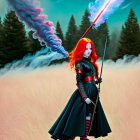 Red-Haired Woman in Black Outfit with Sci-Fi Weapons on Snowy Landscape