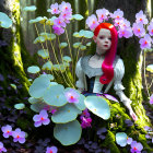 Red-haired woman in corseted dress surrounded by vibrant flora by a lake with frog on lily