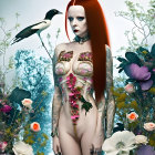 Surreal fantasy artwork of red-haired woman in body armor with magpie amid vibrant flowers