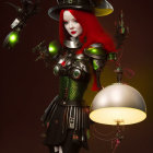 Red-haired woman in green dress and top hat with lantern and glowing lamp.