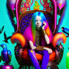 Colorful surreal image of woman with blue hair on throne with psychedelic patterns, metallic birds, and mushrooms