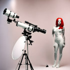 Red-haired female android next to telescope on gradient background