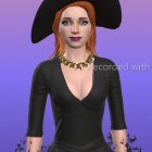 Digital art portrait of woman with vibrant orange hair, black hat with rose, dark green Victorian dress,