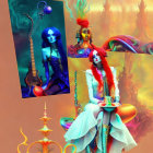 Colorful fantasy art with woman, orange hair, crown, teacup, guitar-scepter