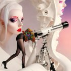 Surreal artwork: Three stylized female figures with vibrant makeup and mechanical tripod leg