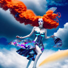 Vibrant red-haired woman in cosmic dress floating among clouds
