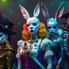 Four women in rabbit-themed costumes with top hats and sequins on multicolored backdrop