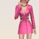 Stylized female figure with red and orange mohawk hair in vibrant pink dress.