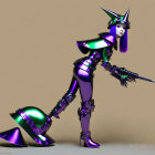 Futuristic female figures in metallic purple and green outfits with floral accents on tan background