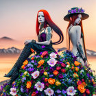 Mannequins in Floral Dresses Under Sunset Sky