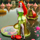 Vibrant red-haired woman on lily pad in pond with pink lilies and autumn trees