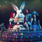 Three women in elaborate costumes with rabbit head, UFO, and cosmic background depicted.