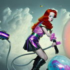 Whimsical digital art: Red-haired female with hose and flying machines