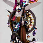 Four futuristic female figures with metallic fashion and colorful geometric hairstyles in mirrored configuration