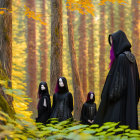 Three figures in dark cloaks in lush mossy forest with tall trees and golden light.