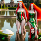 Identical female 3D characters with red and white hair, green corsets, and white leggings