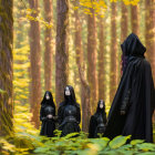 Four People in Traditional Robes in Vibrant Autumn Forest