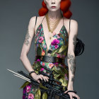 Red-haired woman in steampunk corset with tattoos and fantasy gun