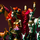 Fantasy illustration: Female character in red hair, golden armor, stylized horses, dramatic lighting
