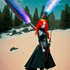 Female warrior with red hair wields blue fiery sword in fantasy desert scene