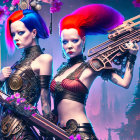 Futuristic women with blue and red hair holding rifles in surreal floral setting