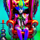 Colorful portrait of person in bold makeup and avant-garde fashion on red armchair.