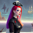 Stylized digital art: Woman with red and purple hair, pirate hat, fantasy airships,