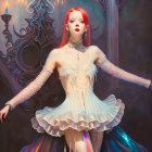 Red-haired person in white corset dress with sheer sleeves and choker on ornate background