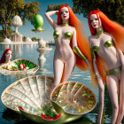 Twin women in red hair and green corsets by lake with boat and white structure