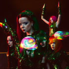 Surreal digital artwork: Group of red-haired women in cosmic attire